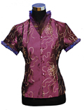 Short-Sleeved Golden Thread Flower Mandarin Blouse