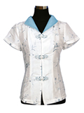 Short-Sleeve Floral Butterfly Frog Mandarin Blouse