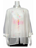 See-Through Mandarin Blouse with Floral Embroidery Vest
